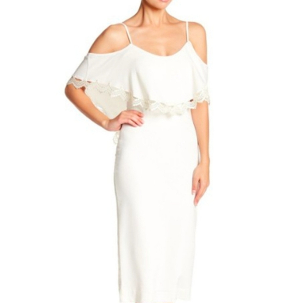 DRESS THE POPULATION Dress Size M Ivory Beth Overlay Knee Length Sheath NWOT